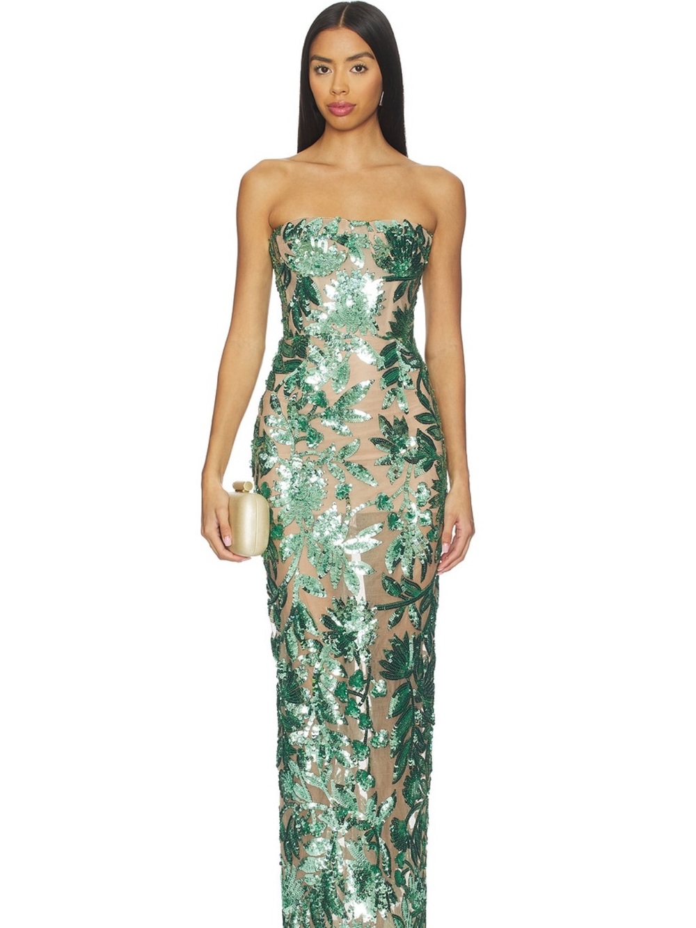 Bronx and Banco Strapless Nude Gown with Green Sequin Foliage
